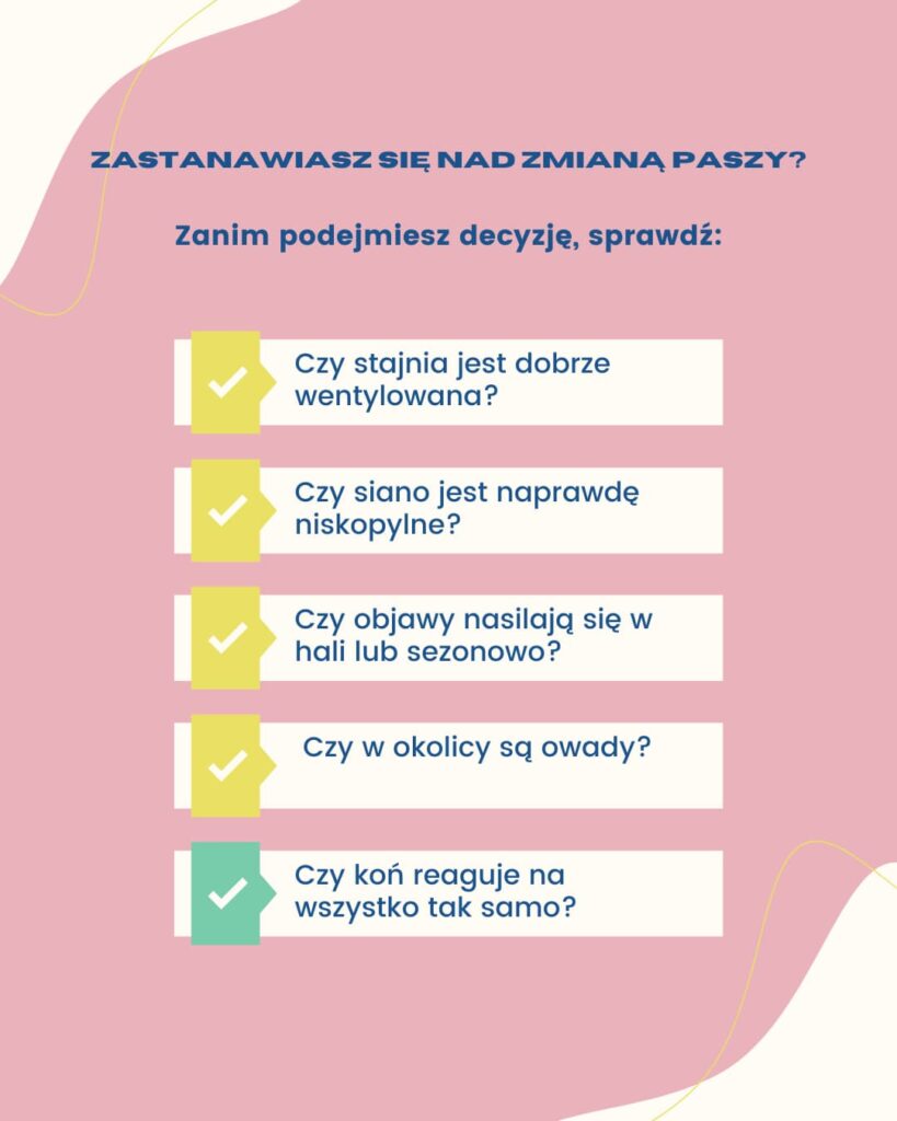 Lista kontrolna przed zmianą paszy dla konia alergicznego — 5 pytań diagnostycznych
