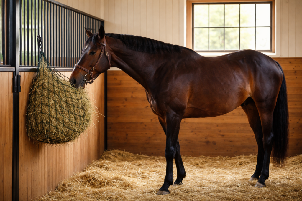 Koń sportowy przy paśniku ze sianem — właściwe żywienie musli dla koni sportowych zaczyna się od jakościowej paszy objętościowej, nie od wyboru paszy treściwej.
